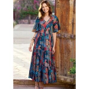 SOFT SURROUNDINGS Mirabelle Floral Romantic Artsy Boho Tiered Maxi Dress Sz M